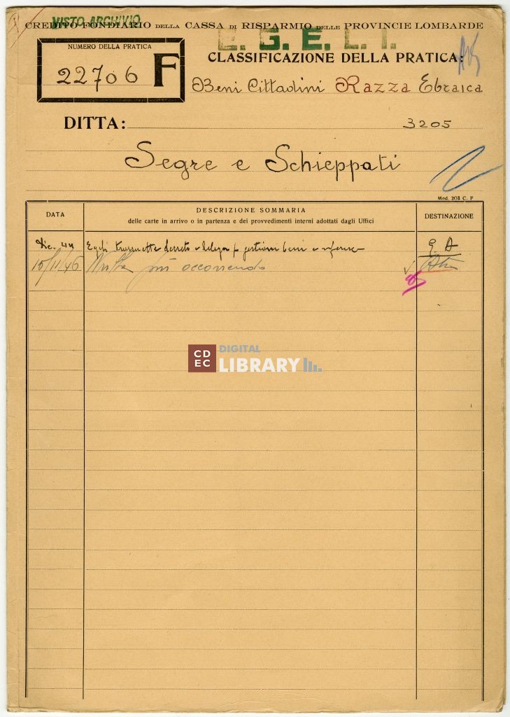 Copertina del fascicolo intestato all'azienda Segre & Schieppati, 1944